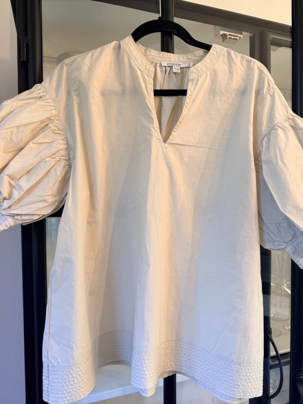 Chico's Sand Beige 100% Cotton Puff Sleeve V-Neck Blouse Top 2 L 12